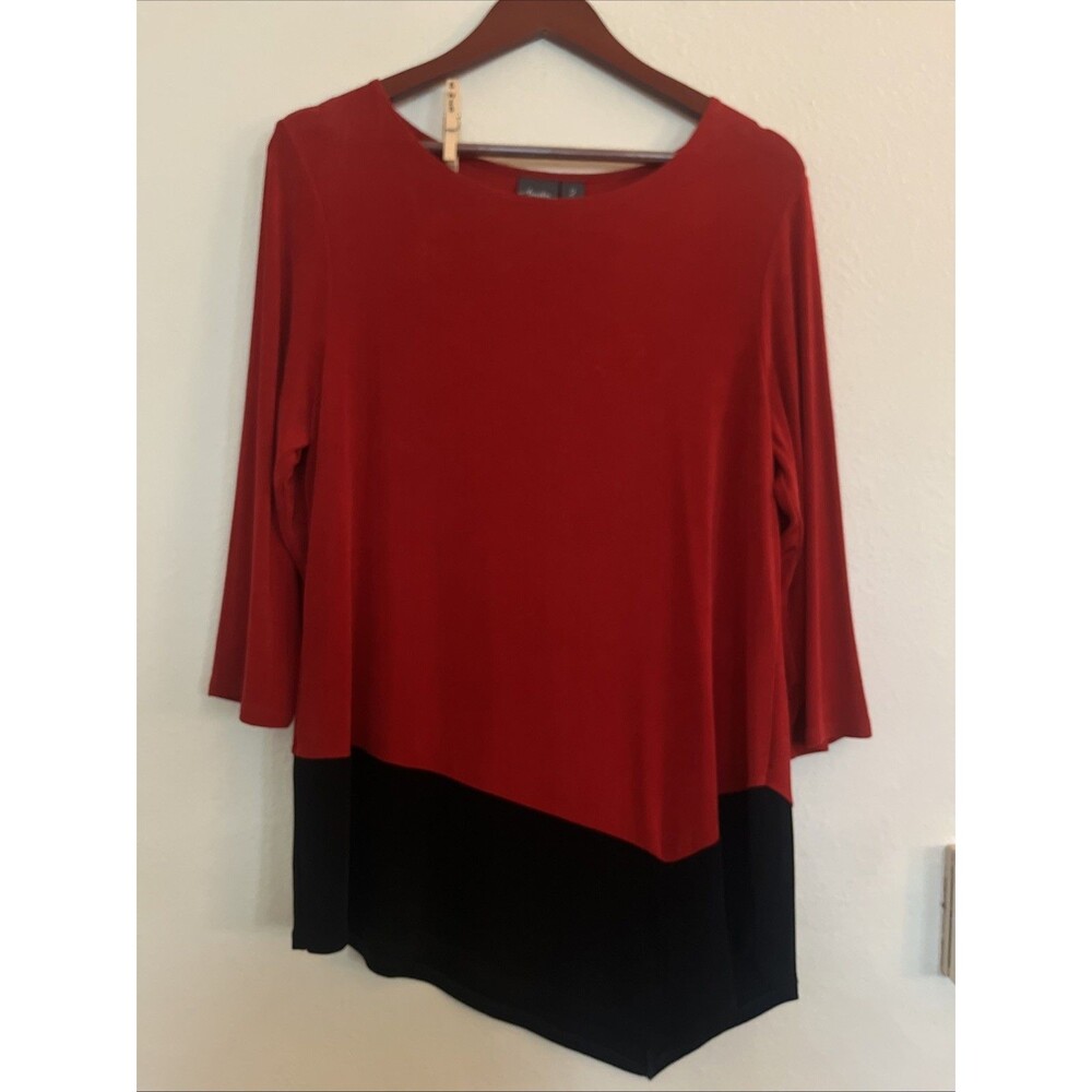 Chico's Travelers Color Block Red Asymmetrical 3/4 Sleeve Top Blouse SZ 2 L